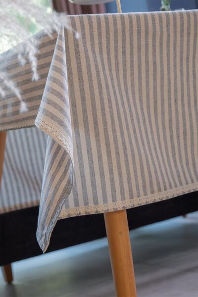 vivamaison Ruched Gray Striped Linen Tablecloth