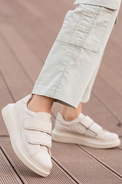 BOUIS Women's Beige Double-Strapped Leather Thick Soft Sole Sneakers Stylish Light Daily Walking Sneakers