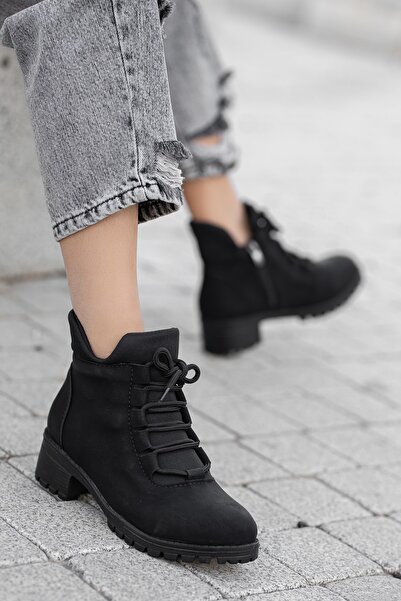 BOUIS Kadın Günlük Siyah Fermuarlı Bağcıklı Mat Suni Deri Şık Kısa Topuklu Suya Dayanıklı Bilekte Bot