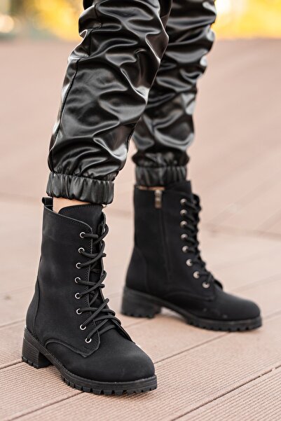 BOUIS Cizme de zi cu zi de damă, negre, cu fermoar și dantelă, din piele artificială mată, cu toc scurt, rezistente la apă, mărime medie