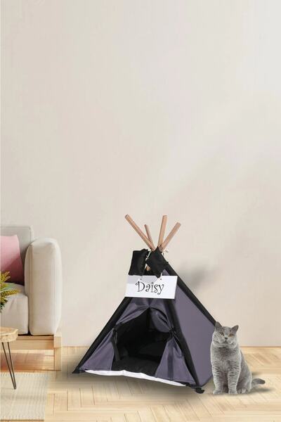 Gri Siyah Kedi Köpek Yatağı Çadırı 70x70 Cm Minderli