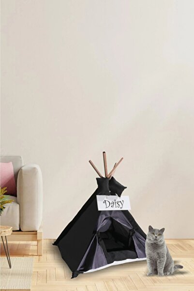 Webburada Gri Siyah Kedi Köpek Yatağı Çadırı 70x70 Cm Minderli