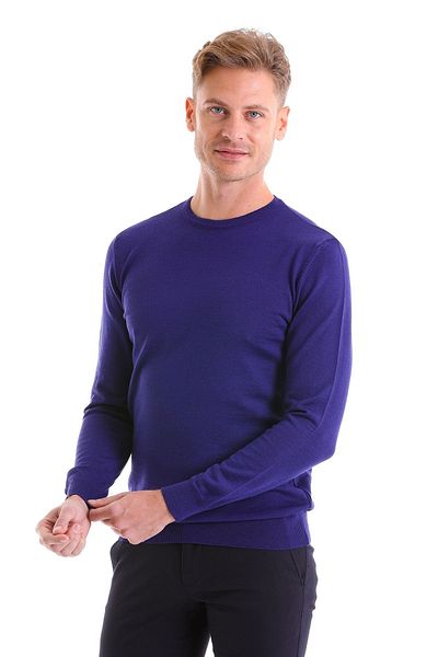 Hatemoğlu Blue Comfort Fit Plain Crew Neck Woolen Sweater