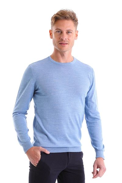 Hatemoğlu Blue Comfort Fit Plain Crew Neck Woolen Sweater