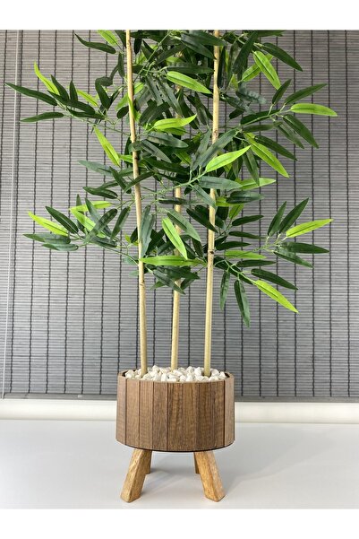 Bahçem Ahşap Saksılı Ayaklı Elips Model Yapay Yoğun Yapraklı Dekoratif Bambu Ağacı 125cm 3 Gövde