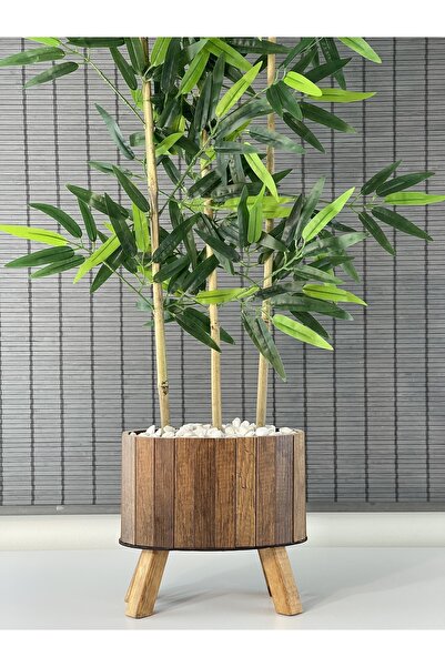 Bahçem Ahşap Saksılı Ayaklı Elips Model Yapay Yoğun Yapraklı Dekoratif Bambu Ağacı 125cm 3 Gövde