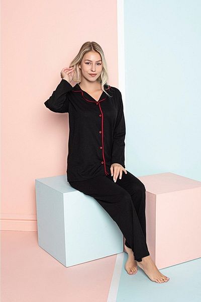 MEBA Black Front Buttoned Seasonal Long Sleeve Single Jersey Fabric Shirt Pajama Set
