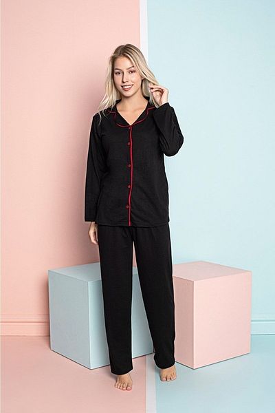 MEBA Black Front Buttoned Seasonal Long Sleeve Single Jersey Fabric Shirt Pajama Set