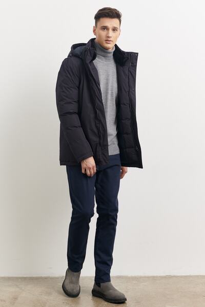 AC&Co / Altınyıldız Classics Ανδρικό χειμωνιάτικο παλτό με γούνινο γιακά με κανονικό κόψιμο, μπλε Navy Standard Fit