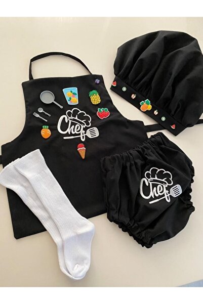 tubibebe Siyah Aşçı Kostümü Bebek / Çocuk Önlük + Şapka + Külot + Çorap