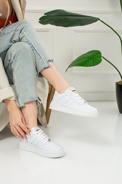 Nstil Günlük Unisex Beyaz Sneaker Bağcıklı Rahat Kalın Tabanlı Spor Yürüyüş Ayakkabısı 191