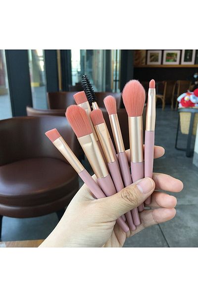 Gold Beauty مجموعة فرش مكياج صغيرة باللون الوردي مكونة من 8 قطع - سهلة الحمل للسفر