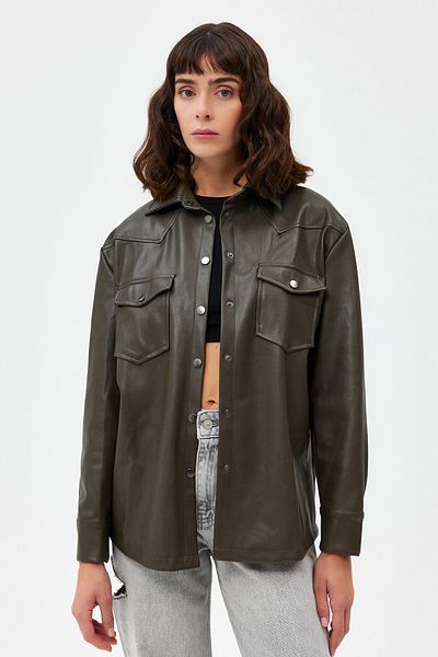 Açelya Okcu Vegan Leather Shirt with Snap Closure and Pocket Detail