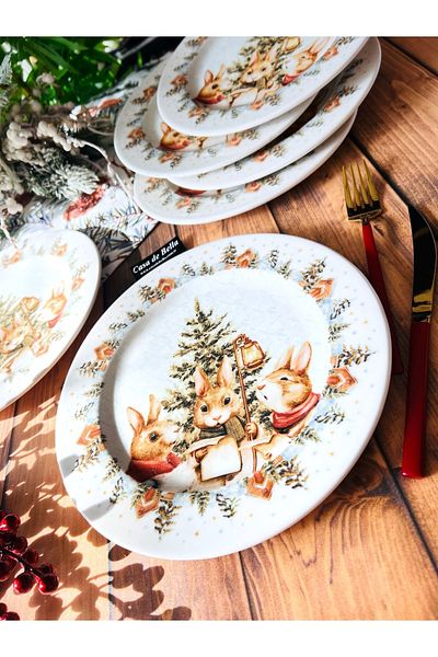 CASA DE BELLA 6 Person New Year's Rabbit Patterned Porcelain Cake Plate