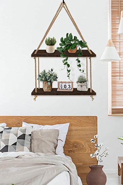 Alyones Duvara Asma Raflar, 2 Katlı Koyu Kahve Uygun Asma Pencere Bitki Rafları Dekor