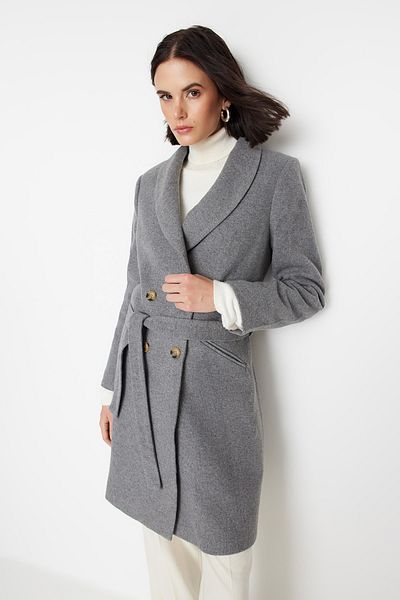 Trendyol Collection Šedý kabát s páskem z vlny TWOAW22KB0097