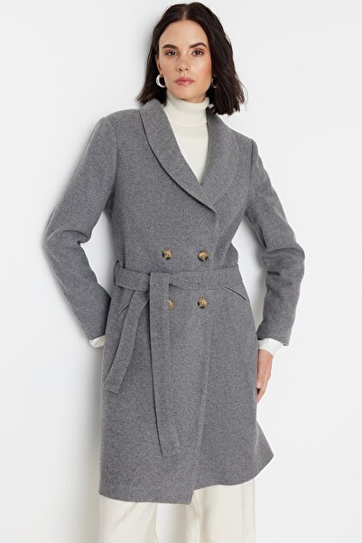 Trendyol Collection Šedý kabát s páskem z vlny TWOAW22KB0097