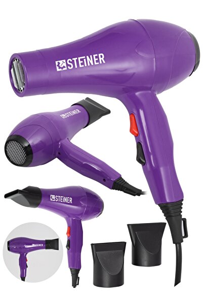 STEİNER Alman 3400 Watt Profesyonel Saç Kurutma Makinesi Fön Makinesi Ac Motor Ms-9001 Mor + 2 Adet Başlık