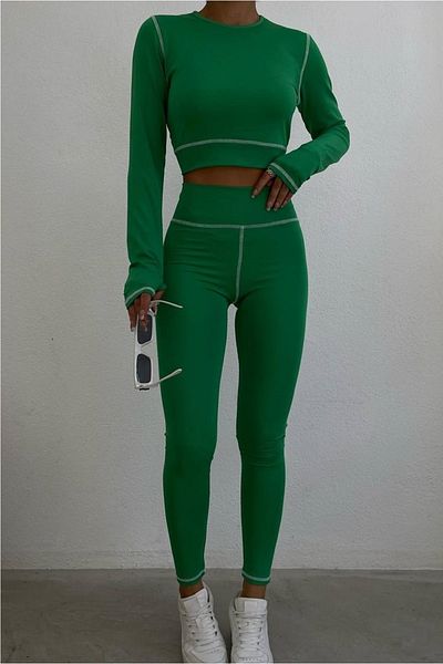 bayansepeti Green Caryoka Stitched Women's Crop Tights Set - 1264