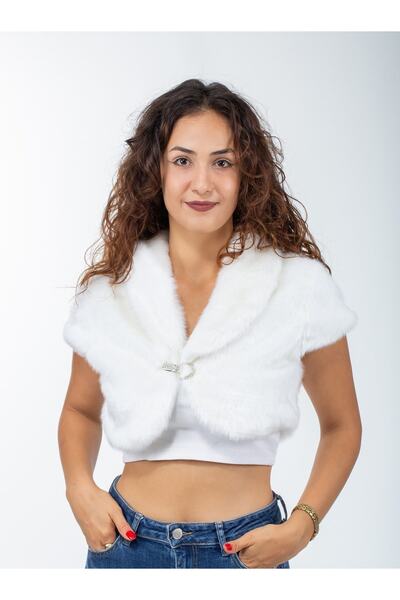 KürkZone فستان سهرة نسائي أبيض فستان زفاف بوليرو من الفرو نصف كم