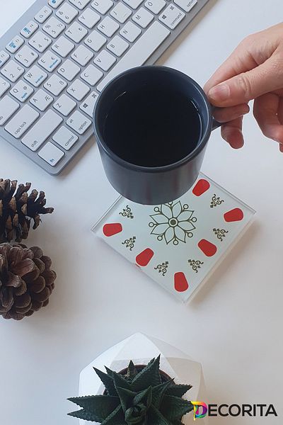 Decorita Glass Coaster| Acem Coffee Shop - Red| Set of 4| 10cm X 10cm
