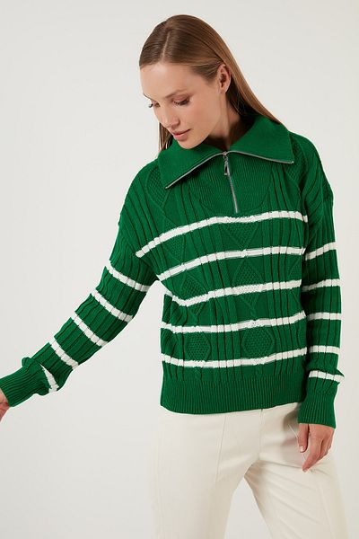 Lela Striped Zipper Turtleneck Knitted Knitwear Pullover Sweater 63622458