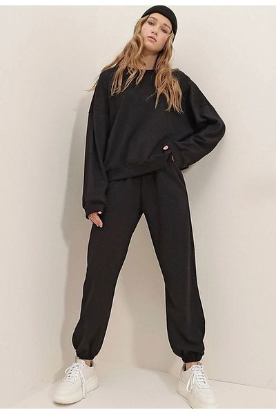 AFROGİYİM Γυναικείο σετ φόρμας Oversize Μαύρο Crew Unprinted