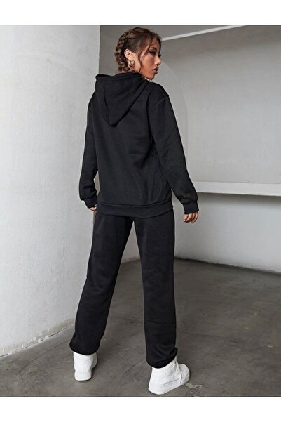 AFROGİYİM Γυναικείο Σετ Αθλητικής φόρμας με μαύρη κουκούλα Oversize