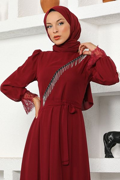 Modamihram Šifonové večerní šaty s kamenným detailem Claret Red 17200