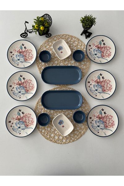 Keramika Set Breakfast Blue Flowers 14 Pieces for 6 People