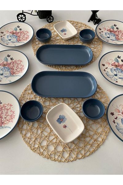 Keramika Set Breakfast Blue Flowers 14 Pieces for 6 People