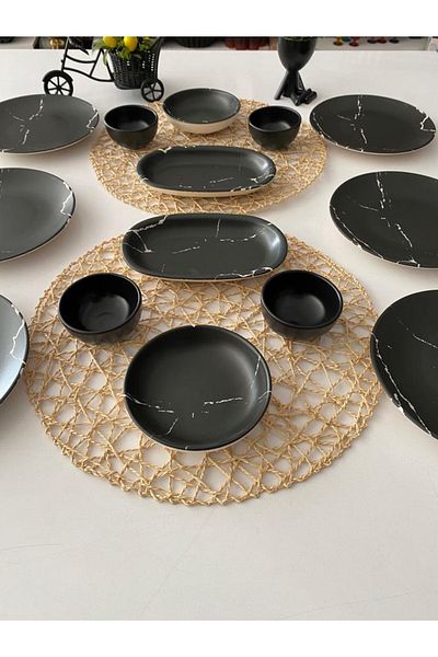 Keramika Set Breakfast Black Marble Pattern 14 Pieces for 6 People