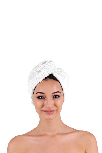 DensHaus 100% Cotton White Plain Eponj Buttoned Towel Hair Drying Cap