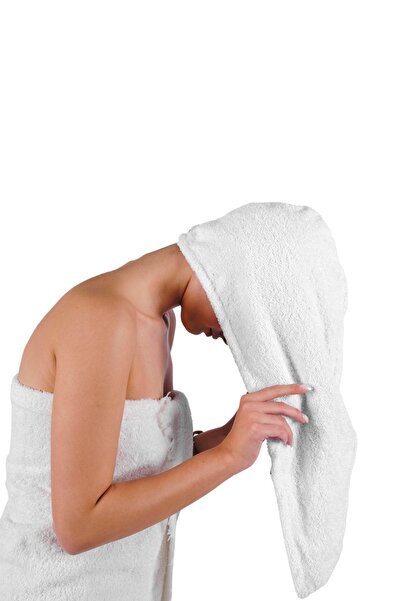 DensHaus 100% Cotton White Plain Eponj Buttoned Towel Hair Drying Cap