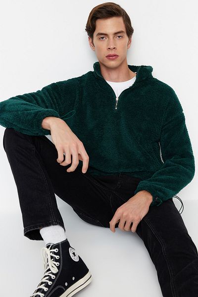 Trendyol Collection Smaragdově zelená plyšová mikina - na zip, se zátkou, teplá TMNAW22SW0618