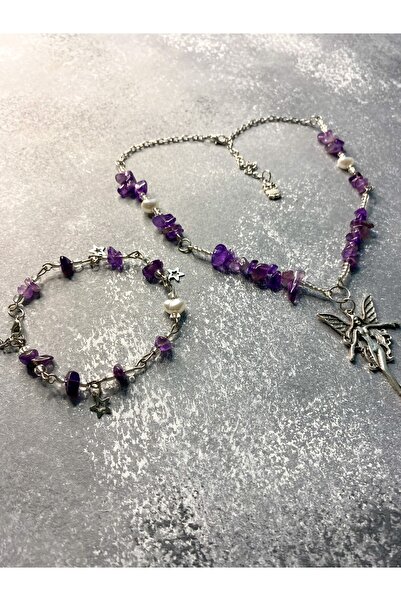 Mosby Ametist Y2k Fairycore Doğal Taş Kolye Ve Bileklik Set