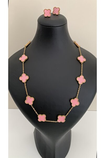 Opia JEWELRY - 10 Yoncalı Pembe Çelik Çift Taraflı Kolye& Çelik Küpe Takım