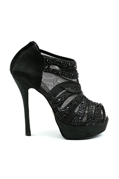 CANES AYAKKABI Kadın Siyah Süet/file Üstü Taşlı Dekolteli Bootie