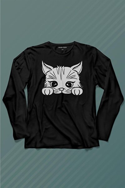 Kendim Seçtim Sevimli Kedi Minik Patili Bıyıklı Cat Minnoş Uzun Kollu Tişört Baskılı T-shirt
