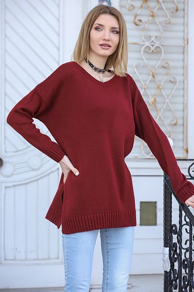 AVORWE Pulover din tricot cu decolteu O cu fantă laterală lungă pe spate