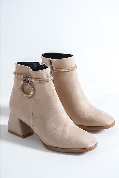 Anıl Ayakkabı Melisa Women's Beige Suede Ring Stone Detailed Heeled Boots 5cm