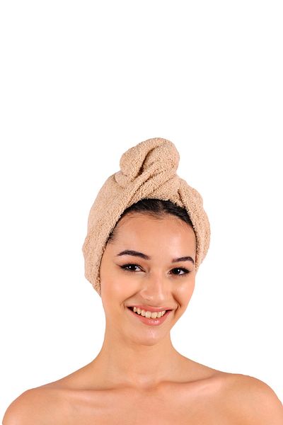 DensHaus 100% Cotton Beige Brown Plain Eponj Buttoned Towel Hair Drying Cap