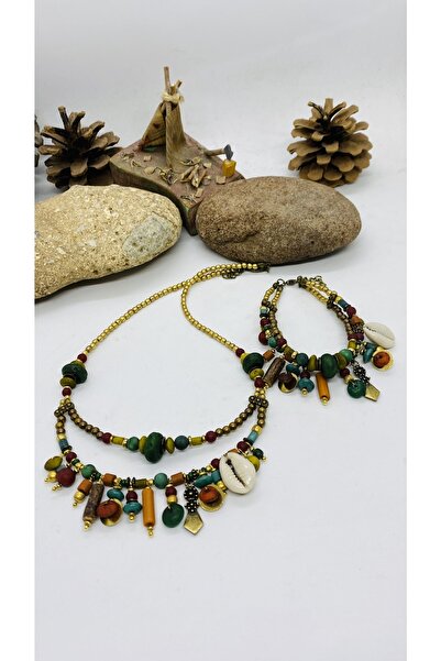 Porsuk Alternatif El Yapımı Etnik Pirinç Aparatlı Doğal Taşlı Kadın Kolye Bil...