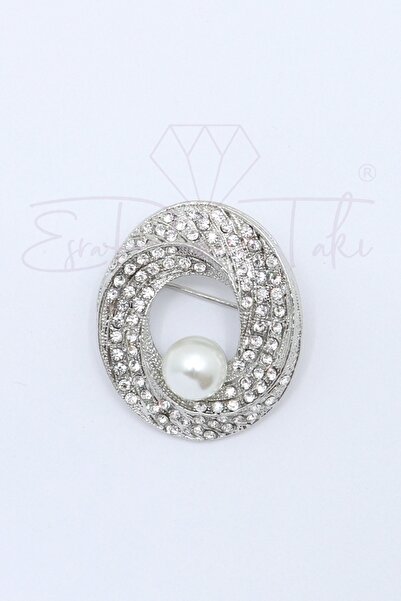 Esra Pamir Gümüş Renk Incili Taşlı Broş