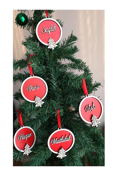 QUEEN AKSESUAR Love Health Happiness Money Peace Wooden New Year Wishes Christmas Tree Ornaments Set of 5 Decoration Ornament