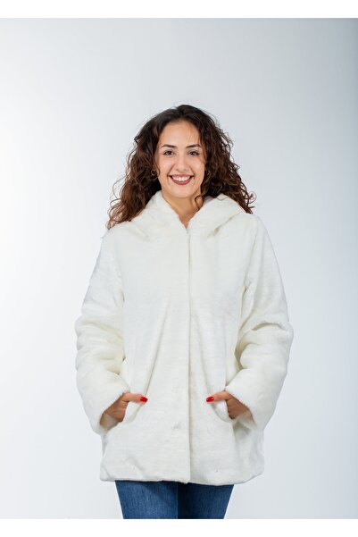 KürkZone Γυναικείο, λευκό, μπουφάν με κουκούλα από γούνα Lutr