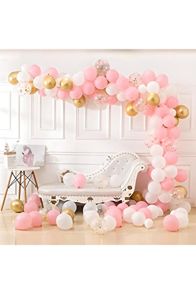 DÜVENCİ TİCARET Pink White Gold Chrome Confetti Balloon Chain Set - 5 Meters