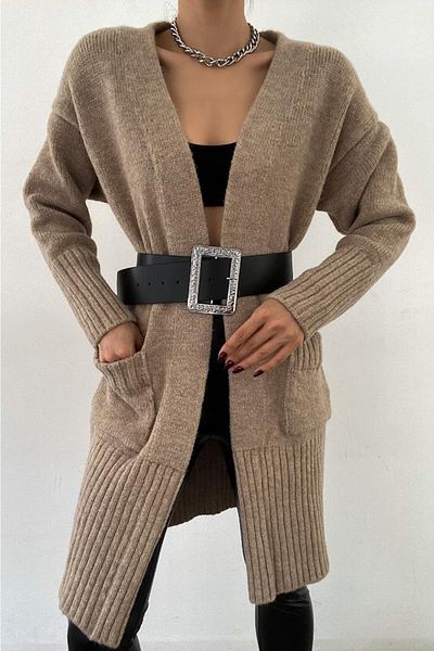 FEMELLE Cardigan maro lung, dublu cu buzunar, mărime standard, pentru tricotaje