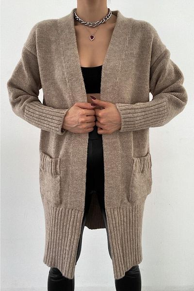 FEMELLE Cardigan maro lung, dublu cu buzunar, mărime standard, pentru tricotaje