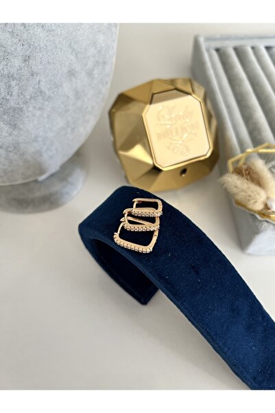 SU PERİSİ TAKI BİJUTERİ Gold Dikdörtgen 3'lü Set Küpe